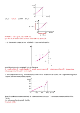 a) 0,55   b) 0,75   c) 0,65   d) 0,85




P = Q/∆t ՜ 150 = Q/10 ՜ Q = 1500 cal.
Q = m.c.∆θ ՜ 1500 = 100.c.20 ՜ c = 1500/2000 = 0,75 cal/g.oC.

23. O diagrama de estado de uma substância é esquematizado abaixo:




Identifique o que representa cada letra no diagrama:
A – estado sólido; B – estado líquido; C – estado gasoso (vapor); D – estado gasoso (gás); K – temperatura
crítica ou ponto crítico; e Z – ponto triplo.

24. Um corpo de massa 50 g, inicialmente no estado sólido, recebe calor de acordo com a representação gráfica
a seguir, passando para o estado líquido:




No gráfico, Q representa a quantidade de calor recebida pelo corpo e T, sua temperatura na escala Celsius.
Calcule:
a) o calor específico do estado líquido;
No estado sólido:
 