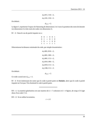 Exercices 2013 - 1A
dH (011,110) = 2,
dH (101,110) = 2.
On déduit :
dmin = 2.
La figure 5, représente l’espace de Hamming de dimensions 2 et 3 avec la position des mots de donnée
(en dimension 2) et des mots de codes (en dimension 3).
XV - 2) Dans le cas de parité impaire on a :
0 0 → 0 0 1
0 1 → 0 1 0
1 0 → 1 0 0
1 1 → 1 1 1
Déterminons la distance minimale du code, par simple énumération :
dH (001,010) = 2,
dH (001,100) = 2,
dH (001,111) = 2,
dH (010,100) = 2,
dH (010,111) = 2,
dH (100,111) = 2.
On déduit :
dmin = 2.
Ce code a aussi une dmin = 2.
XV - 3) Il est intéressant de noter que le code à parité paire est linéaire, alors que le code à parité
impaire ne l’est pas ! On choisirait le code à parité paire.
XVI - 1) La matrice génératrice est une matrice de n = 7 colonnes et k = 4 lignes, de rang 4. Il s’agit
donc d’un code (7,4).
XVI - 2) Si on utilise la notation,
c = i.G
30
 