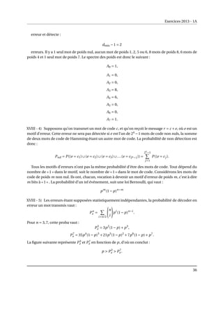 Exercices 2013 - 1A
erreur et détecte :
dmin −1 = 2
erreurs. Il y a 1 seul mot de poids nul, aucun mot de poids 1, 2, 5 ou 6, 8 mots de poids 8, 6 mots de
poids 4 et 1 seul mot de poids 7. Le spectre des poids est donc le suivant :
A0 = 1,
A1 = 0,
A2 = 0,
A3 = 8,
A4 = 6,
A5 = 0,
A6 = 0,
A7 = 1.
XVIII - 4) Supposons qu’on transmet un mot de code c, et qu’on reçoit le message r = c +e, où e est un
motif d’erreur. Cette erreur ne sera pas détectée si e est l’un de 24
−1 mots de code non nuls, la somme
de deux mots de code de Hamming étant un autre mot de code. La probabilité de non détection est
donc :
Pnd = P((e = c1)∪(e = c2)∪(e = c3)∪...(e = c2k −1)) =
2k
−1
X
j=1
P((e = cj ).
Tous les motifs d’erreurs n’ont pas la même probabilité d’être des mots de code. Tout dépend du
nombre de « 1 » dans le motif, soit le nombre de « 1 » dans le mot de code. Considérons les mots de
code de poids m non nul. Ils ont, chacun, vocation à devenir un motif d’erreur de poids m, c’est à dire
m bits à « 1 » . La probabilité d’un tel événement, suit une loi Bernoulli, qui vaut :
pm
(1− p)n−m
XVIII - 5) Les erreurs étant supposées statistiquement indépendantes, la probabilité de décoder en
erreur un mot transmis vaut :
Pn
e =
X
in/2
Ã
n
i
!
pi
(1− p)n−i
.
Pour n = 3,7, cette proba vaut :
P3
e = 3p2
(1− p)+ p3
,
P7
e = 35p4
(1− p)3
+21p5
(1− p)2
+7p6
(1− p)+ p7
.
La figure suivante représente P3
e et P7
e en fonction de p, d’où on conclut :
p  P3
e  P7
e .
36
 