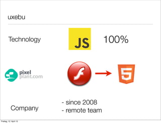 uxebu
100%Technology
Company
- since 2008
- remote team
Freitag, 12. April 13
 