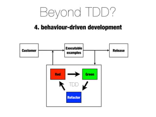 Beyond TDD?
      4. behaviour-driven development


                   Executable
Customer                                Release
                    examples




             Red                Green

                     TDD

                    Refactor
 