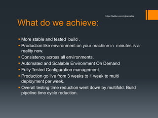 What do we achieve:
 More stable and tested build .
 Production like environment on your machine in minutes is a
reality now.
 Consistency across all environments.
 Automated and Scalable Environment On Demand
 Fully Tested Configuration management.
 Production go live from 3 weeks to 1 week to multi
deployment per week.
 Overall testing time reduction went down by multifold. Build
pipeline time cycle reduction.
https://twitter.com/mjkamalika
 