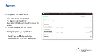 CI Umgebung für .Net Projekte.
+ Sehr einfach und übersichtlich.
+ Für Opensource kostenlos.
+ Gute Übersicht über die Ergebnisse und den
Verlauf.
+ Gute Zusammenarbeit mit Github.
o Geringe Anpassungmöglichkeiten.
- Ausführung und Dokumentation
automatisierter Tests eher rudimentär.
 