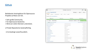 Beliebtester Hostingdienst für Opensource
Projekte auf Basis von Git.
+ Sehr große Community.
+ Für Opensource kostenlos.
+ Wird von vielen Diensten unterstützt.
o Private Repositories kostenpflichtig.
- UI ist bedingt nutzerfreundlich.
 