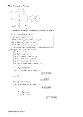 TD analyse système Mécanique
Dimensionnement d’arbre
 /
0 0
0
0
ba arb BB
B B
Y
Z

 
 
  
 
 
 /
0 0 0
0 0
0 0
ba arb B BA
B B A
b
Y Y
Z Z

      
     
       
     
      
 /
0 0
.
.
ba arb B BA
B B A
Y Z b
Z Y b

 
 
  
  
 Appliquons le principe fondamental de la statique au point A :
/
/
/
/
/
/
0 .sin( ).sin( ) 0 0
.( ) . .cos( ) 0 0 0
( ).cos( ) .sin( ).cos( ) 0
.( ).sin( ) . .cos( ) 0 . 0
( ).sin( ) .cos( ) 0
.( ).cos( ) .( .sin( ).cos(
R p A
R p
R p A B
R p B
R p A B
R p
D X
R T t D r
T t D Y Y
c T t D d b Z
T t D Z Z
c T t D d
 

  
 
 
  
   
    
     
    
     
   ) .sin( ).sin( )) . 0Br bY 
 
 
 
 
 
 
 
 
 
    
Que l’on peut écrire sous le forme suivante:
1
1
1
1
1
1 1
(1) 0 0
(2) .( ) . 0
(3) ( ).cos( ) 0
(4) .( ).sin( ) . . 0
(5) ( ).sin( ) 0
(6) .( ).cos( ) ( . . ) . 0
A
A B
B
A B
B
A X
R T t r T
T t R Y Y
c T t d T b Z
T t T Z Z
c T t d R r A bY




   
    
       
 
    
      
 
       
/ .sin( ).sin( )
. : 18063.sin(20 ).sin(21 .8)
2294
A R p
A
A
X D
A N X
X N
  
   
 
1
1 2294
AA X
A N
 

1 /
1
1
.sin( ).cos( )
. : 18063.sin(20 ).cos(21 .8)
5736
R pR D
A N R
R N
  
   
 
1 /
1
1
.cos( )
. : 16974
16974
R pT D
A N T
T N
 
 
 
 