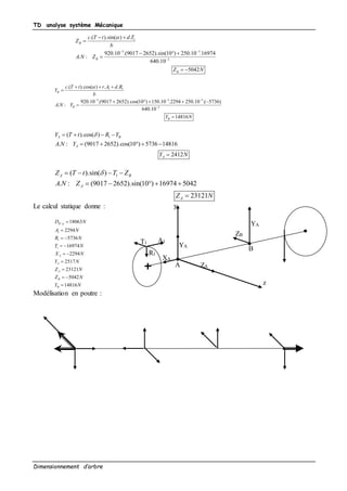 TD analyse système Mécanique
Dimensionnement d’arbre
1
3 3
3
.( ).sin( ) .
920.10 .(9017 2652).sin(10 ) 250.10 .16974
. :
640.10
5042
B
B
B
c T t d T
Z
b
A N Z
Z N

 

 

  

 
1 1
3 3 3
3
.( ).cos( ) . .
920.10 .(9017 2652).cos(10 ) 150.10 .2294 250.10 .( 5736)
. :
640.10
14816
B
B
B
c T t r A d R
Y
b
A N Y
Y N

  

  

    


1( ).cos( )
. : (9017 2652).cos(10 ) 5736 14816
2412
A B
A
A
Y T t R Y
A N Y
Y N
   
    

1( ).sin( )
. : (9017 2652).sin(10 ) 16974 5042
23121
A B
A
A
Z T t T Z
A N Z
Z N
   
    

Le calcul statique donne :
/
1
1
1
18063
2294
5736
16974
2294
2517
23121
5042
14816
R p
A
A
A
B
B
D N
A N
R N
T N
X N
Y N
Z N
Z N
Y N


 
 
 


 

Modélisation en poutre :
XA
YA
ZA
y
z
A
B
YA
ZB
T1
R1
A1
 