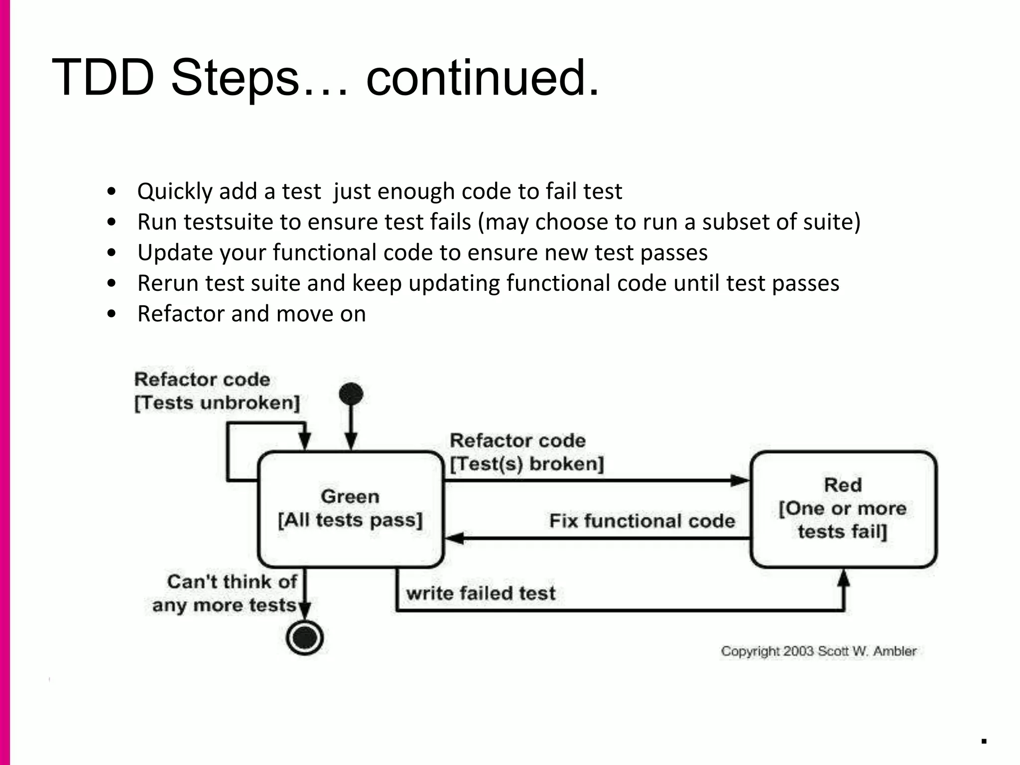 TDD Steps… continued.
.
• Quickly add a test just enough code to fail test
• Run testsuite to ensure test fails (may choose to run a subset of suite)
• Update your functional code to ensure new test passes
• Rerun test suite and keep updating functional code until test passes
• Refactor and move on
 
