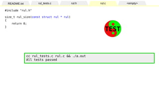 README.txt rul_tests.c rul.h rul.c <empty>
#include "rul.h"
size_t rul_size(const struct rul * rul)
{
return 0;
}
cc rul_t...