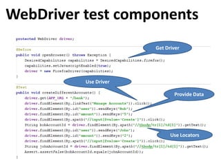 WebDriver test components
                       Get Driver




          Use Driver

                              Provide Data




                             Use Locators
 