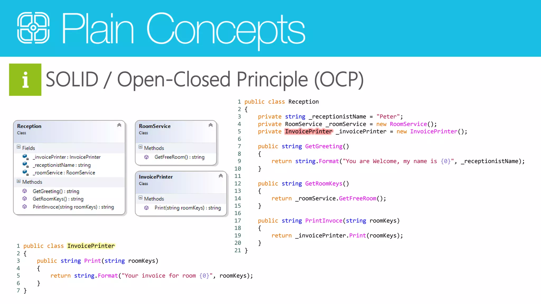 SOLID / Open-Closed Principle (OCP) 
1 public class Reception 
2 { 
3 private string _receptionistName = "Peter"; 
4 private RoomService _roomService = new RoomService(); 
5 private InvoicePrinter _invoicePrinter = new InvoicePrinter(); 
6 
7 public string GetGreeting() 
8 { 
9 return string.Format("You are Welcome, my name is {0}", _receptionistName); 
10 } 
11 
12 public string GetRoomKeys() 
13 { 
14 return _roomService.GetFreeRoom(); 
15 } 
16 
17 public string PrintInvoce(string roomKeys) 
18 { 
19 return _invoicePrinter.Print(roomKeys); 
20 } 
21 } 
1 public class InvoicePrinter 
2 { 
3 public string Print(string roomKeys) 
4 { 
5 return string.Format("Your invoice for room {0}", roomKeys); 
6 } 
7 } 
 
