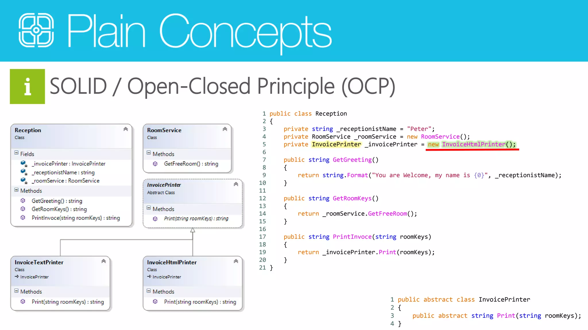 SOLID / Open-Closed Principle (OCP) 
1 public class Reception 
2 { 
3 private string _receptionistName = "Peter"; 
4 private RoomService _roomService = new RoomService(); 
5 private InvoicePrinter _invoicePrinter = new InvoiceHtmlPrinter(); 
6 
7 public string GetGreeting() 
8 { 
9 return string.Format("You are Welcome, my name is {0}", _receptionistName); 
10 } 
11 
12 public string GetRoomKeys() 
13 { 
14 return _roomService.GetFreeRoom(); 
15 } 
16 
17 public string PrintInvoce(string roomKeys) 
18 { 
19 return _invoicePrinter.Print(roomKeys); 
20 } 
21 } 
1 public abstract class InvoicePrinter 
2 { 
3 public abstract string Print(string roomKeys); 
4 } 
 