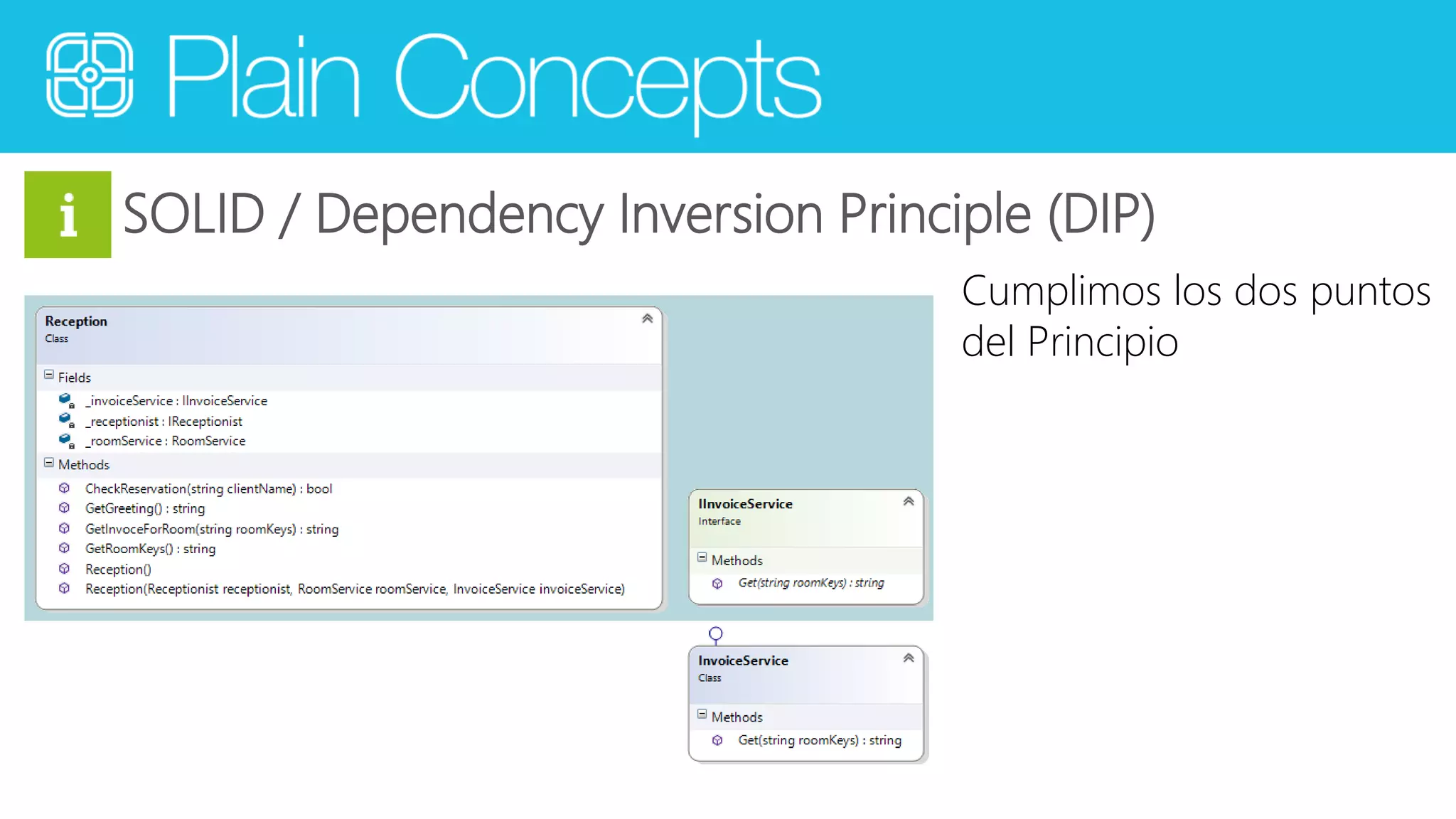 SOLID / Dependency Inversion Principle (DIP) 
Cumplimos los dos puntos 
del Principio 
 