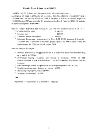 11
Exercice 3 : cas de l’entreprise SOMFI
Mr Hilal est PDG de la société, il vous fournit les informations suivantes :
L’entreprise est créée en 2000, elle est spécialisée dans la confection, son capital s’élève à
3.500.000 Dhs. Au titre de l’exercice 2013, l’entreprise a affiché un résultat négatif de
100.000 Dhs dont 50% correspond à des amortissements, lors de l’exercice 2014 elle a réalisé
un bénéfice comptable de 840.000 :
Dans les comptes de produits de l’exercice 2014, on relève les montants suivant en Dh HT :
 Chiffre d’affaire local : 1.300.000
 Location nue : 200.000
 Ventes de déchets localement : 350.000
 Indemnité d’assurance vie perçue après le décès de Mr FADL fondateur de la société :
1.000.000 Dh, le montant de la prime payée depuis l’an 2000 s’élève 15.000 Dh
annuellement, Mr FADL est décédé en juin 2014.
Dans les comptes de charges :
 Dépense de location d’un appartement mis à la disposition du responsable Marketing
de la société 50.000 Dh ;
 Redevances leasing concernant une voiture de tourisme : 30.000 Dh TTC
trimestriellement, le prix de la voiture (HT) est de 350.000 Dh , le contrat s’étale sur
trois ans ;
 Perte de changes suite à la dépréciation de l’euro par rapport au Dh : 50.000 ;
 Provisions pour garanties données aux clients : 40.000 ;
 Provision pour propre assureur : 35.000 ;
 Acomptes provisionnels :50.000.
TAF :
Déterminer le résultat fiscal et le montant de l’impôt dû
 