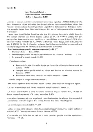 6
Exercice 2 :
-Cas « Omnium industrie »
-Détermination du résultat fiscal
-Calcul et liquidation de l’IS
La société « Omnium industrie » est une société anonyme au capital de 1.500.000 Dh libéré à 75%.
Sise à Casablanca, elle est spécialisée dans la fabrication de composants chimiques utilisés dans
l’industrie pharmaceutique et dans l’agriculture. La production de la société est destinée au marché
local, mais elle dispose d’une filiale installée depuis deux ans en Tunisie pour satisfaire la demande
de ce marché.
Ayant connu des difficultés financières suite à sa délocalisation, la société a affiché durant les
deux derniers exercices des déficits fiscaux (225000 en 2012 et 95800 en 2013) ; dont 20%
correspondant à des amortissements régulièrement comptabilisées. Au titre de l’année 2014, elle a
réalisé un bénéfice comptable de 362.500 Dh. Sa filiale de Tunisie dégage, quant à elle, une perte
nette de 178.200 Dh. Afin de déterminer le résultat fiscal de la « omnium industrie », une analyse de
ses comptes de gestion a été effectuée, les éléments suivants en ressortent :
Dans les comptes de produits on relève notamment (en Dh HT)
 Chiffre d’affaires : 5.852.000 Dh
 Dividendes provenant d’une société cotée à la bourse des valeurs de Casablanca : 57.000
 les revenus d’un compte bloqué : 20.000
-Produits accessoires :
 Revenus de location d’un atelier équipé que l’entreprise utilisait pour l’entretien de son
matériel : 195000
 Transport facturé par la société aux clients pour lesquels ses véhicules assurent des
livraisons : 87200
 Redevances sur un brevet concédé à une société marocaine : 236000
Dans les comptes de charges on note notamment ;
-Des frais de répartition d’une machine s’élevant à 27.650 Dh HT et qui ont été réglés en espèces.
-Les frais de déplacement d’un attaché commercial dument justifiés : 5.400 Dh HT.
-Un associé administrateur a laissé en compte courant an long de l’année 2014, 420.000 Dh.
Somme rémunérée au taux de 14%. Le taux autorisé est de 4%.
-Une prime d’assurance vie pour se prémunir contre la disparition du président directeur général.
L’assurance est contractée au profit de la société. Montant de la prime 7.400 Dh par an.
-Les acomptes provisionnels de l’IS : 94.000.
-La taxe spéciale sur les véhicules automobiles concernant deux voitures, l’une inscrite au bilan de
la société ; 4500, l’autre appartenant au directeur commercial 2200.
-Des amendes pour infractions au code de la route commises par des véhicules appartenant à
l’entreprise : 1600 Dh.
 