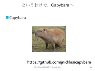 [Confidential] © 2013 Actcat, Inc.
というわけで、Capybaraへ
Capybara
14
https://github.com/jnicklas/capybara
 