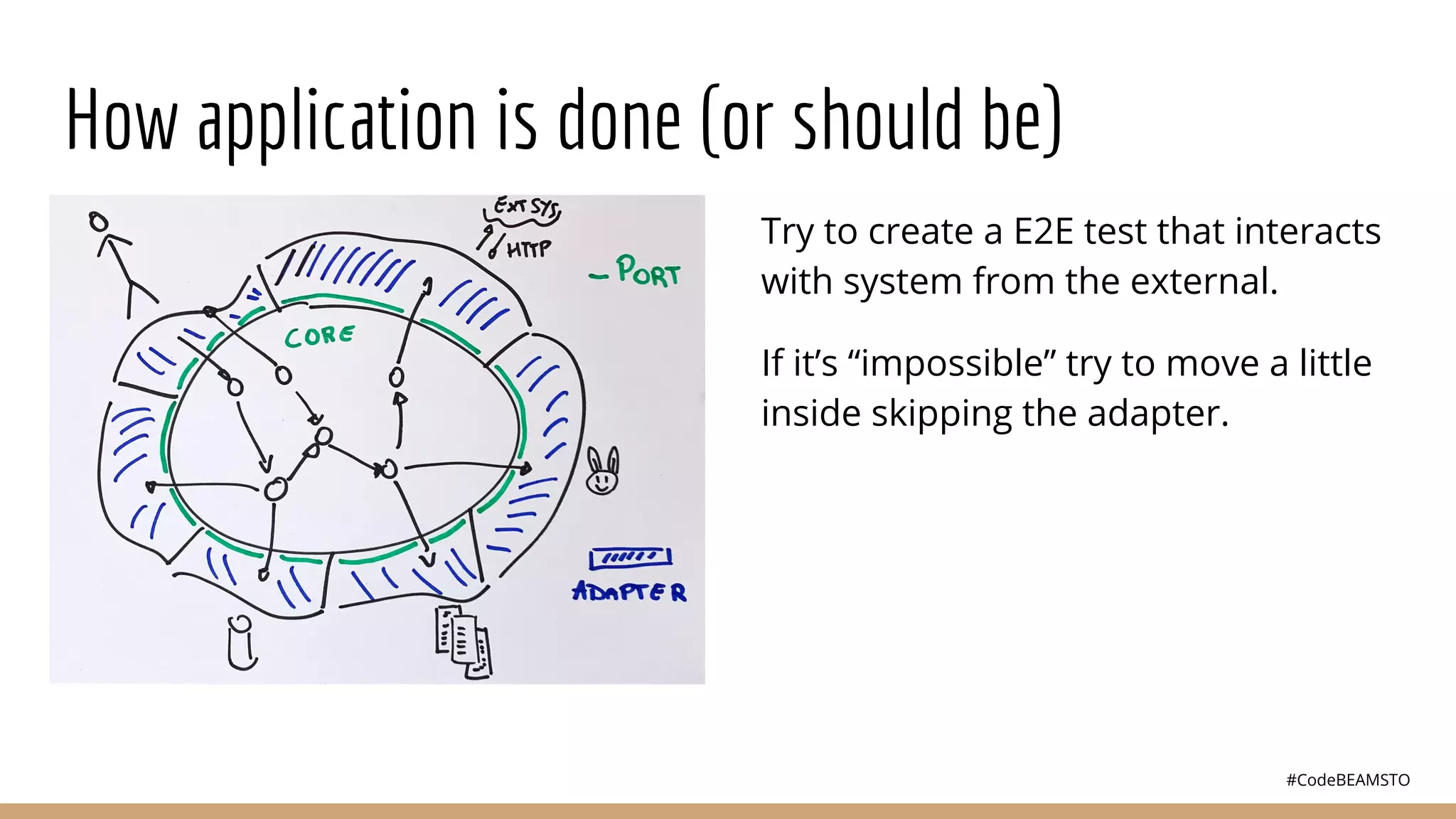 #CodeBEAMSTO
How application is done (or should be)
Try to create a E2E test that interacts
with system from the external.
If it’s “impossible” try to move a little
inside skipping the adapter.
 