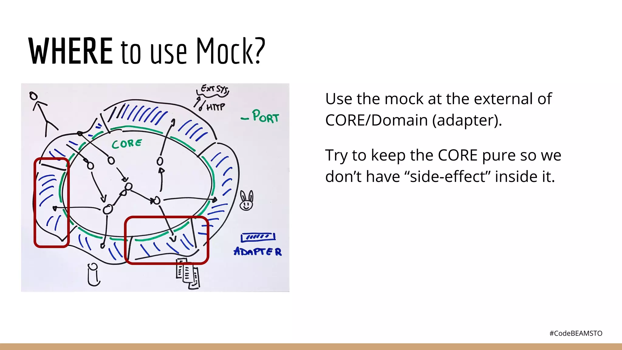 #CodeBEAMSTO
WHERE to use Mock?
Use the mock at the external of
CORE/Domain (adapter).
Try to keep the CORE pure so we
don’t have “side-eﬀect” inside it.
 
