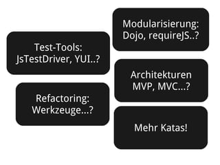 Modularisierung:
                       Dojo, requireJS..?
    Test-Tools:
JsTestDriver, YUI..?
                        Architekturen
                        MVP, MVC...?
   Refactoring:
   Werkzeuge...?
                         Mehr Katas!
 