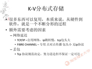 K-V分布式存储
• 很多东西可以复用，本质来说，从硬件到
  软件，就是一个不断分形的过程
• 额外需要考虑的因素
 – 网络延迟
  • TCP/IP –公用网络，ip跳转慢，tcp包头大
  • FIBRE CHANNEL – 专用 点对点传播 包头小 无ip协议
 – 丢包
  • Tcp 协议规范决定，努力送达但不保证一定可达
 