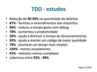 TDD - estudos
•
•
•
•
•
•
•
•
•
•

Redução de 40-50% na quantidade de defeitos
87% - facilitou o entendimentos dos requisitos
96% - reduziu o tempo gasto com debug
78% - aumentou a produtividade
50% - ajuda a diminuir o tempo de desenvolvimento
92% - ajuda a manter um código de maior qualidade
79% - promove um design mais simples
104% - menos acoplamento
43% - métodos menos complexos
cobertura entre 92% - 98%
Página 5/329

 
