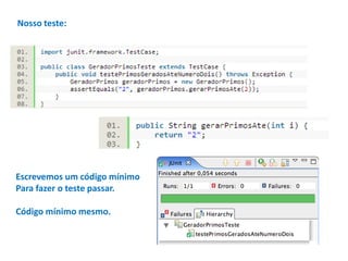 Nosso teste:

Escrevemos um código mínimo
Para fazer o teste passar.
Código mínimo mesmo.

 