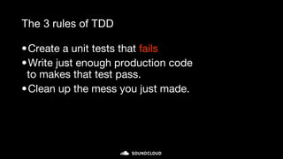 The 3 rules of TDD
•Create a unit tests that fails
•Write just enough production code
to makes that test pass.
•Clean up the mess you just made.
micro-cycle (minutes)
 