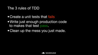 The 3 rules of TDD
•Create a unit tests that fails
•Write just enough production code
to makes that test pass.
•Clean up the mess you just made.
micro-cycle (minutes)
 