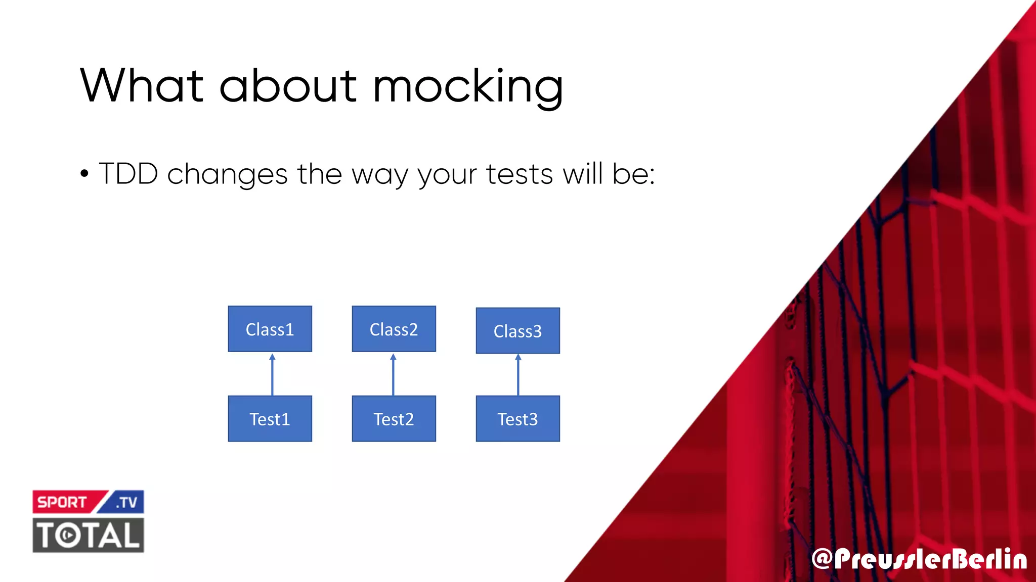 @PreusslerBerlin
What about mocking
• TDD changes the way your tests will be:
Test1 Test2
Class1 Class2 Class3
Test3
 