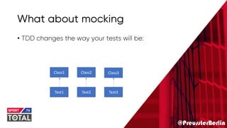 @PreusslerBerlin
What about mocking
• TDD changes the way your tests will be:
Test1 Test2
Class1 Class2 Class3
Test3
 