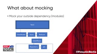 @PreusslerBerlin
What about mocking
• Mock your outside dependency (modules)
Test1
ViewModel
Repository API
Store Reducer
SideEffects
 