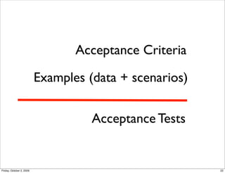 Acceptance Criteria

                          Examples (data + scenarios)


                                    Acceptance Tests


Friday, October 2, 2009                                 22
 