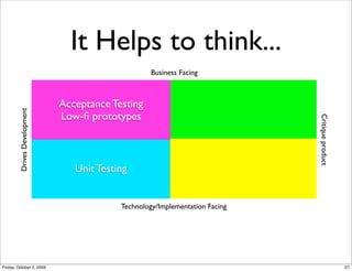 It Helps to think...
                                                    Business Facing



                              Acceptance Testing
         Drives Development




                              Low-ﬁ prototypes




                                                                              Critique product
                                 Unit Testing


                                           Technology/Implementation Facing




Friday, October 2, 2009                                                                          27
 