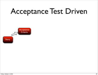Acceptance Test Driven

                          Acceptance
                           Criteria


        Story




Friday, October 2, 2009                    28
 