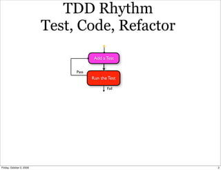 TDD Rhythm
                          Test, Code, Refactor
                                       Add a Test

                               Pass
                                      Run the Test

                                             Fail




Friday, October 2, 2009                              2
 