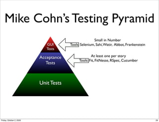 Mike Cohn’s Testing Pyramid
                                                      Small in Number
                             GUI       Tools: Selenium, Sahi, Watir, Abbot, Frankenstein
                             Tests

                          Acceptance                At least one per story
                                            Tools: Fit, FitNesse, RSpec, Cucumber
                             Tests



                          Unit Tests




Friday, October 2, 2009                                                                    29
 