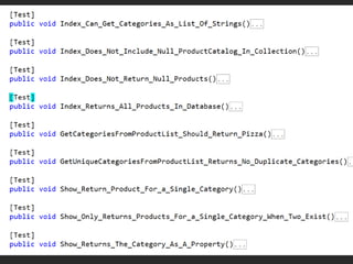 Each test should add something to explain the behaviour of the class under testAs you read down then it should continue to add more information in a logical wayStructure