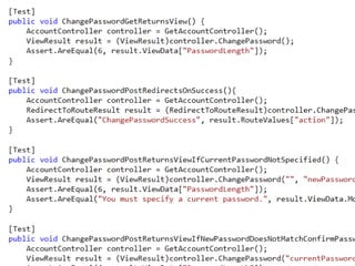 Naming of test ImplementationI follow a BDD style which explains the behaviourIf your naming talks about implementation, then your likely to test implementation – this could change! Like comments, you don’t want the test naming to be out of sync with what the actual test is doing