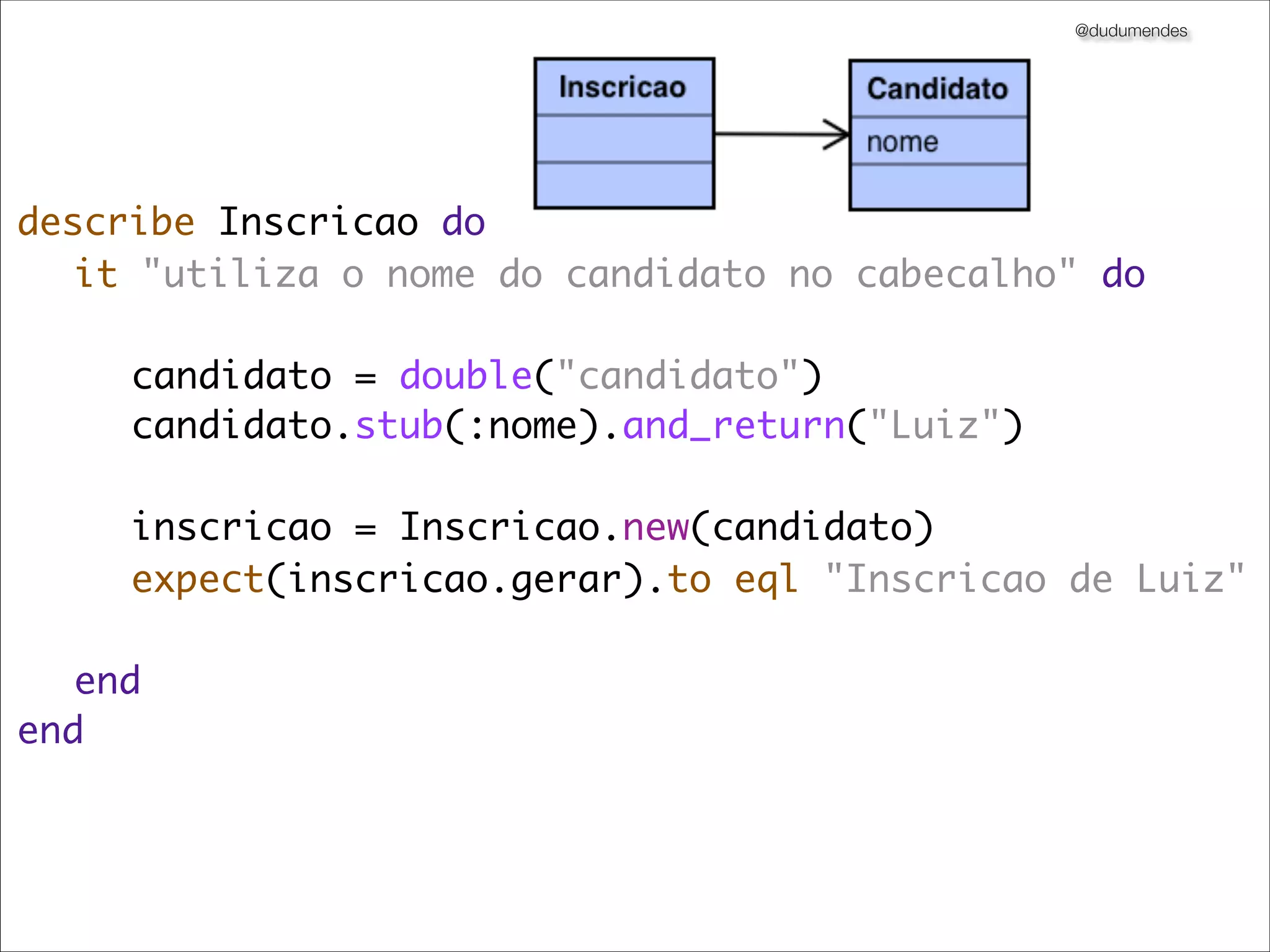 @dudumendes




describe Inscricao do
	 it "utiliza o nome do candidato no cabecalho" do

	 	 candidato = double("candidato")
	 	 candidato.stub(:nome).and_return("Luiz")

	 	 inscricao = Inscricao.new(candidato)
	 	 expect(inscricao.gerar).to eql "Inscricao de Luiz"

	 end
end
 