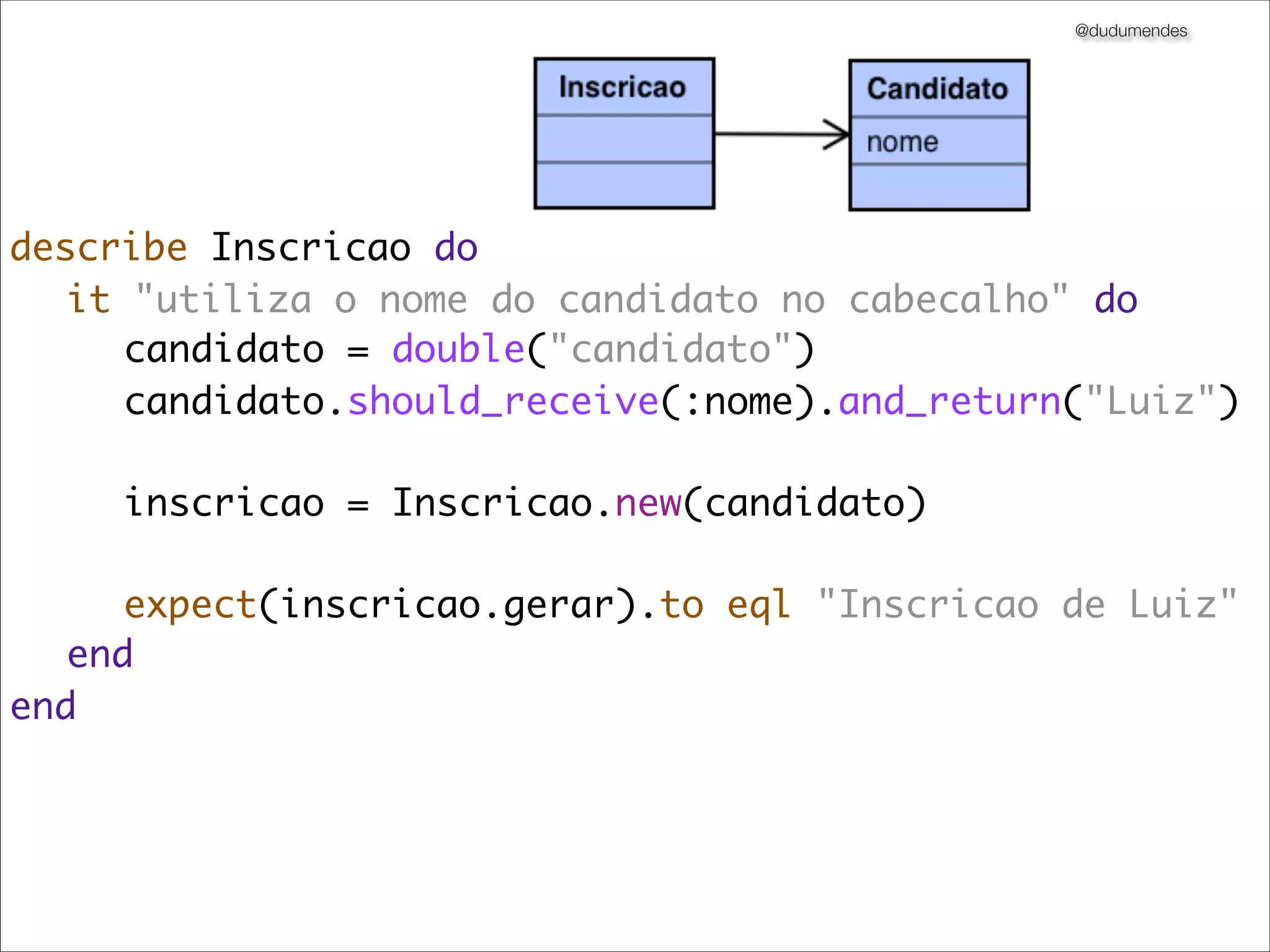 @dudumendes




describe Inscricao do
	 it "utiliza o nome do candidato no cabecalho" do
	 	 candidato = double("candidato")
	 	 candidato.should_receive(:nome).and_return("Luiz")

	 	 inscricao = Inscricao.new(candidato)

	 	 expect(inscricao.gerar).to eql "Inscricao de Luiz"
	 end
end
 