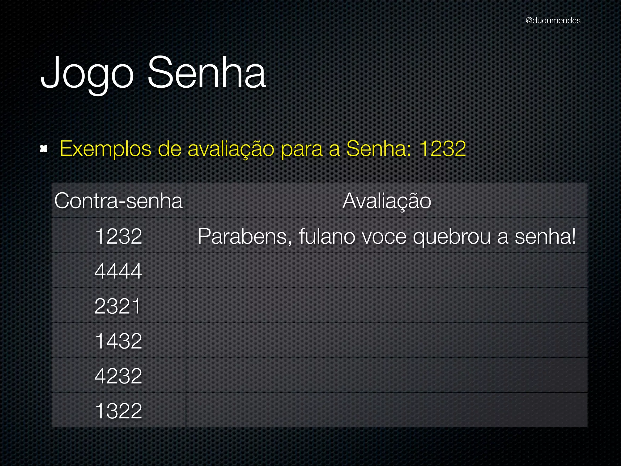 @dudumendes

O que veremos?
Iniciar os testes baseados em cenários previamente deﬁnidos
Nunca codiﬁque uma funcionalidade nova sem um teste falhando
Utilizar 01 expectativa por exemplo

 
