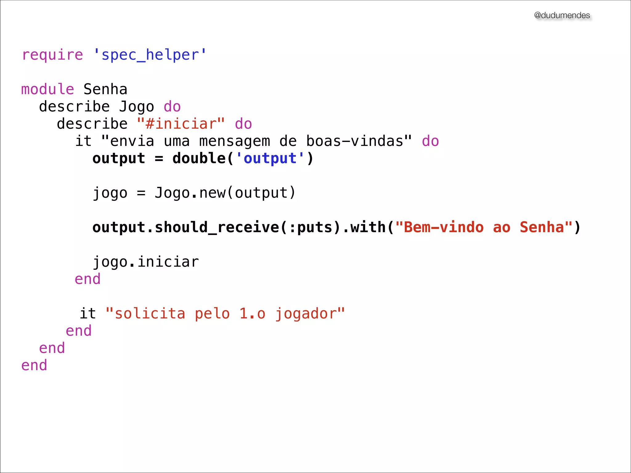 @dudumendes

Jogo Senha
Uma contra-senha é avaliada através dos
seguintes sinais e regras:
+ : um sinal de “positivo” é apresentado para
cada valor correto na posição correta
- : um único sinal de “negativo” é apresentado
para cada valor correto na posição errada
!

Precedência dos sinais: + > -

 