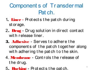 Component s of Tr ansdermal 
Pat ch. 
1. Liner - Pr ot ect s t he pat ch dur ing 
st or age. 
2. Drug - Dr ug solut ion in dir ect cont act 
wit h r elease liner . 
3. Adhesive - Ser ves t o adher e t he 
component s of t he pat ch t oget her along 
wit h adher ing t he pat ch t o t he skin. 
4. Membrane - Cont r ols t he r elease of 
t he dr ug. 
5. Backing - Pr ot ect s t he pat ch. 8 
 