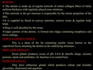 DERMIS:
 The dermis is made up of regular network of robust collagen fibers of fairly
uniform thickness with regularly placed cross striations .
This network or the gel structure is responsible for the elastic properties of the
skin.
It is supplied by blood to convey nutrients, remove waste & regulate body
temp.
Drug is well absorbed by this route.
Upper portion of the dermis is formed into ridges containing lymphatics and
nerve endings.
SUBCUTANEOUS TISSUE:
This is a sheet of the fat containing areolar tissue known as the
superficial fascia attaching the dermis to the underlying structures .
SKIN APPENDAGES:
Sweat glands produces sweat of pH 4-6.8 & absorbs drugs, secretes
proteins, lipids and antibodies. Its function is to control heat.
HAIR FOLLICLES
They have sebaceous glands which produces sebum and includes
glycerides, cholesterol and squalene.
 