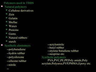 Polymers used in TDDS
 Natural polymers
 Cellulose derivatives
 Zein
 Gelatin
 Shellac
 Waxes
 Proteins
 Gums
 Natural rubbers
 starch
 Synthetic elastomers
--polybutadiene
--hydrin rubber
--polysiloxone
--silicone rubber
--nitrile
--
--acrylonitrile
--butyl rubber
--styrene butadiene rubber
--neoprine etc.
Synthetic polymers
PVA,PVC,PE,PP,Poly amide,Poly
acrylate,Polyurea,PVP,PMMA,Epoxy etc.
 