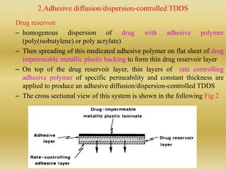 2.Adhesive diffusion/dispersion-controlled TDDS
Drug reservoir
– homogenous dispersion of drug with adhesive polymer
(poly(isobutylene) or poly acrylate)
– Then spreading of this medicated adhesive polymer on flat sheet of drug
impermeable metallic plastic backing to form thin drug reservoir layer
– On top of the drug reservoir layer, thin layers of rate controlling
adhesive polymer of specific permeability and constant thickness are
applied to produce an adhesive diffusion/dispersion-controlled TDDS
– The cross sectional view of this system is shown in the following Fig.2
 