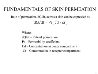 Rate of permeation, dQ/dt, across a skin can be expressed as
dQ/dt = Ps[ cd - cr ]
6
Where,
dQ/dt – Rate of permeation
Ps – Permeability coefficient
Cd – Concentration in donor compartment
Cr – Concentration in receptor compartment
 