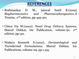 REFERENCES
 Brahmankar D. M., Jaiswal Sunil B.(2009)
Biopharmaceutics and Pharmacotherapeutics-A
Treatise, 2nd edition, pp-495-501.
 Chien Yie W.(2002), Novel Drug Delivery Systems,
Marcel Dekkar, Inc Publication, volume-50, 2nd
edition, pp-301.
 Walters Kenneth A.(2002), Dermatological and
Transdermal Formulations, Marcel Dekkar, Inc
Publications, volume-119, pp-1,319.
35
 
