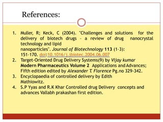 ON
References:
1. Muller, R; Keck, C (2004). "Challenges and solutions for the
delivery of biotech drugs – a review of drug nanocrystal
technology and lipid
nanoparticles". Journal of Biotechnology 113 (1–3):
151–170. doi:10.1016/j.jbiotec.2004.06.007
2. Target-Oriented Drug Delivery Systems(9) by Vijay kumar
Modern Pharmaceutics Volume 2 Applications and Advances;
Fifth edition edited by Alexander T
. Florence Pg.no 329-342.
3. Encyclopaedia of controlled delivery by Edith
Mathiowitz.
4. S.P Yyas and R.K Khar Controlled drug Delivery concepts and
advances Vallabh prakashan first edition.
 