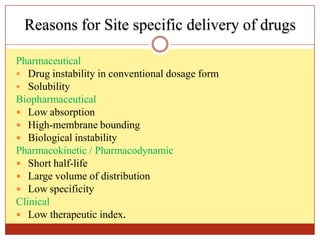 ON
Reasons for Site specific delivery of drugs
Pharmaceutical
 Drug instability in conventional dosage form
 Solubility
Biopharmaceutical
 Low absorption
 High-membrane bounding
 Biological instability
Pharmacokinetic / Pharmacodynamic
 Short half-life
 Large volume of distribution
 Low specificity
Clinical
 Low therapeutic index.
 