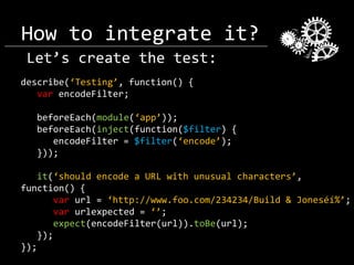 How to integrate it?
Let’s create the test:
describe(‘Testing’, function() {
var encodeFilter;
beforeEach(module(‘app’));
beforeEach(inject(function($filter) {
encodeFilter = $filter(‘encode’);
}));
it(‘should encode a URL with unusual characters’,
function() {
var url = ‘http://www.foo.com/234234/Build & Joneséí%’;
var urlexpected = ‘’;
expect(encodeFilter(url)).toBe(url);
});
});

 